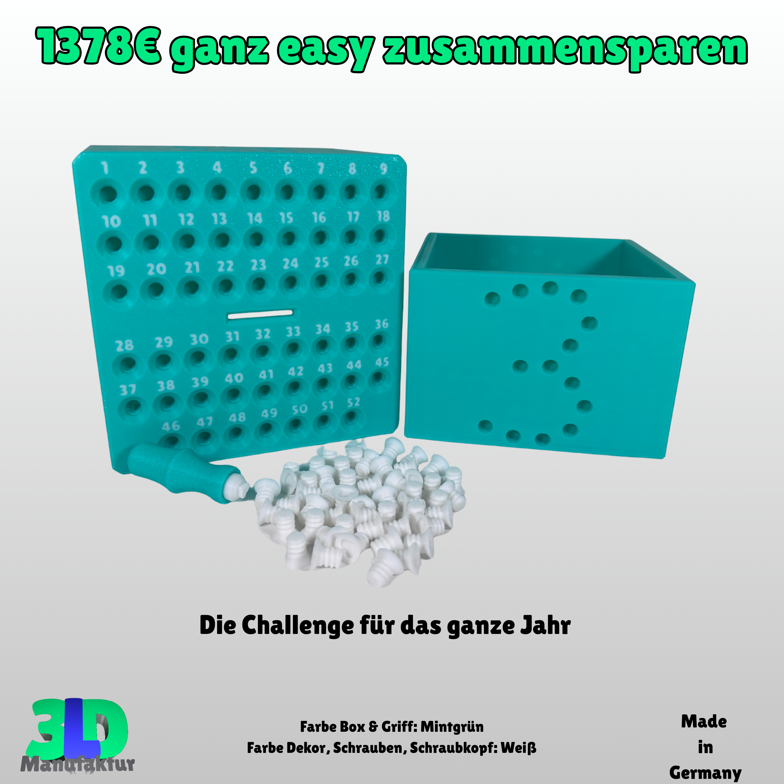 Spardose Sparchallenge – 52 Wochen Sparbox für Urlaub, Hochzeit oder Auto – Geschenkidee