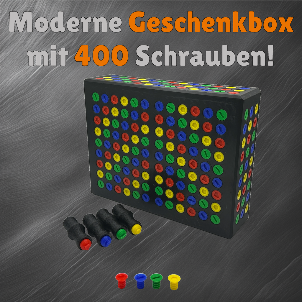 400 Schrauben Geschenkbox - 4 Schrauben / Bits - Fertig zum Befüllen, Unterhaltung beim Auseinanderschrauben, Kreatives Handwerker Geschenk