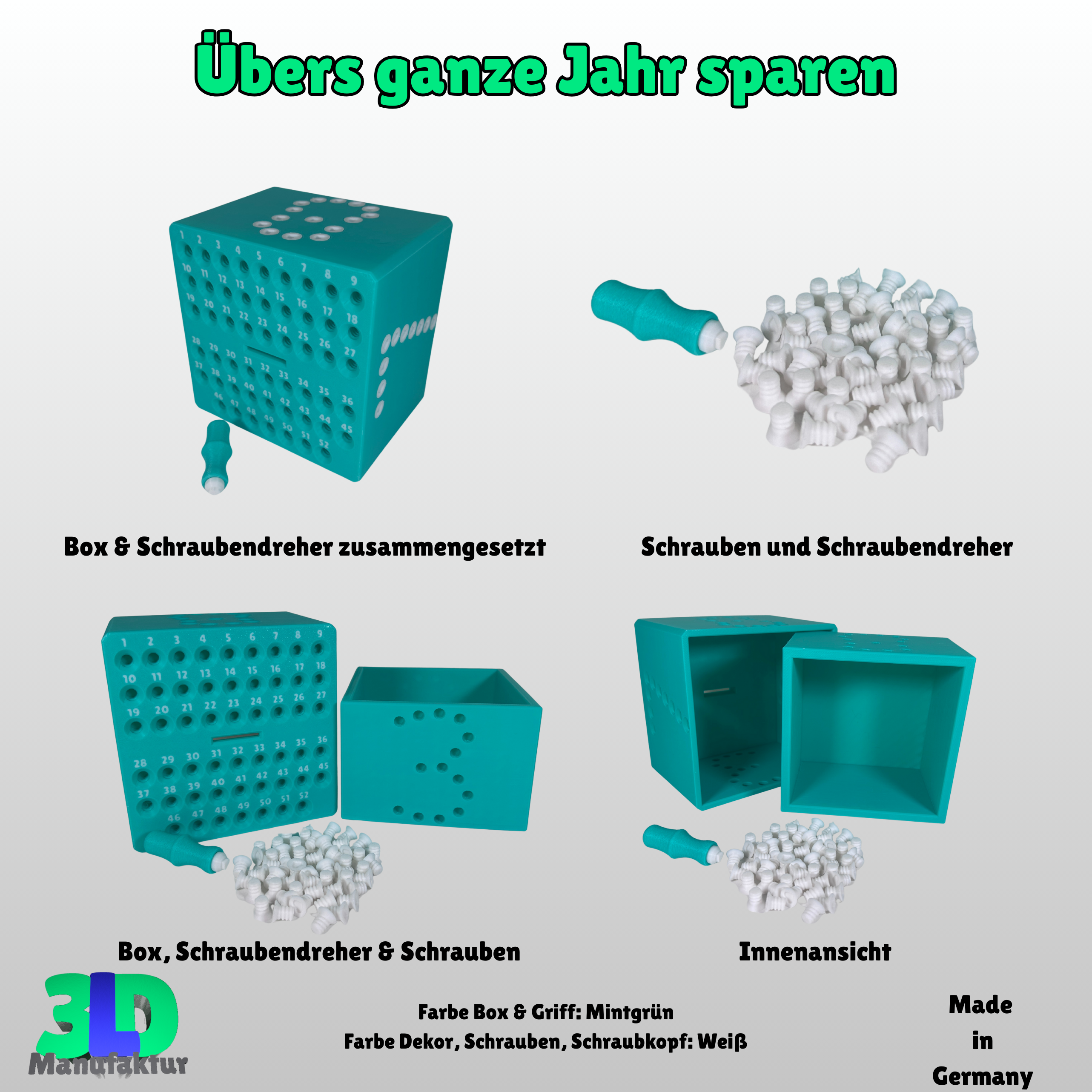 Spardose Sparchallenge – 52 Wochen Sparbox für Urlaub, Hochzeit oder Auto – Geschenkidee